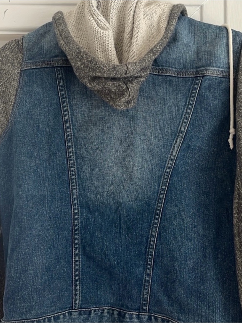 Lucky Brand Blue Denim Jacket with Gray Knit Hood & Sleeves - Picture 3 of 4